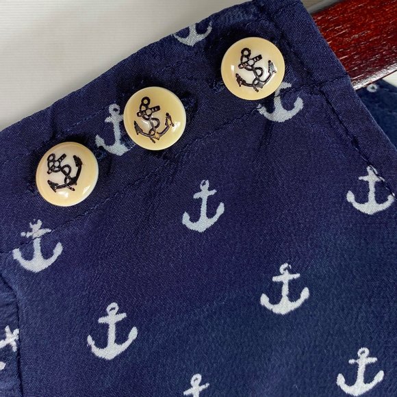 J.Crew Shirt Top Tunic Blouse 6 Medium Anchors 100% Silk Navy Blue Nautical - Picture 3 of 4